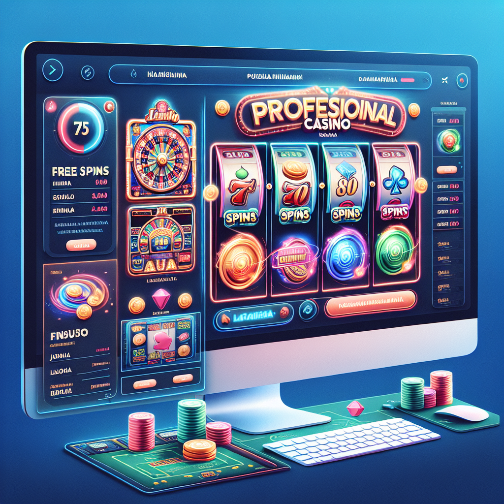 Moderni kasino-interface näytöllä, jossa näkyy erilaisia slot-pelejä ja ilmaiskierrosten tarjouksia digitaalisessa muodossa