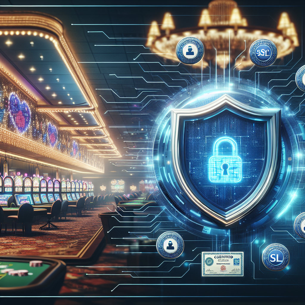 Digitaalinen turvallisuuskilpi ja lukkosymbolit kasinon taustalla, jossa näkyy SSL-sertifikaatteja ja lisenssi-ikoneita